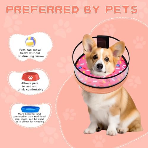 Dog Cone, Dog Surgery Collar, Inflatable Cones for Small Medium Large Dogs, Pink Doughnut Dog Recovery Collar, Does not Impede Vision