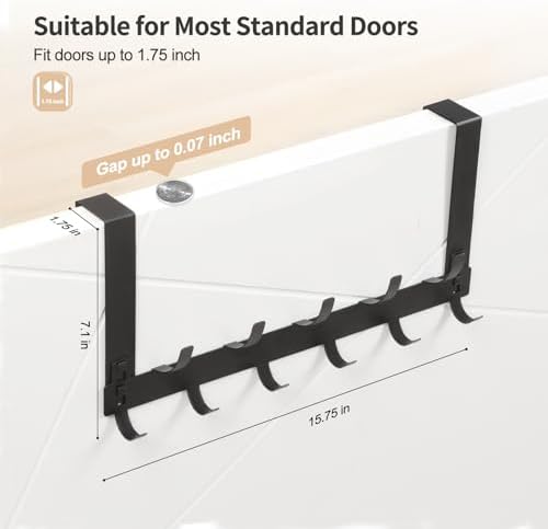 Over The Door Hooks for Hanging, Over The Door Hanger with 5 Triple Coat Hooks, Over The Door Towel Rack for Bathroom, Door Hanger Hooks for Coat, Bags and Hat (Black, 2 Pack)
