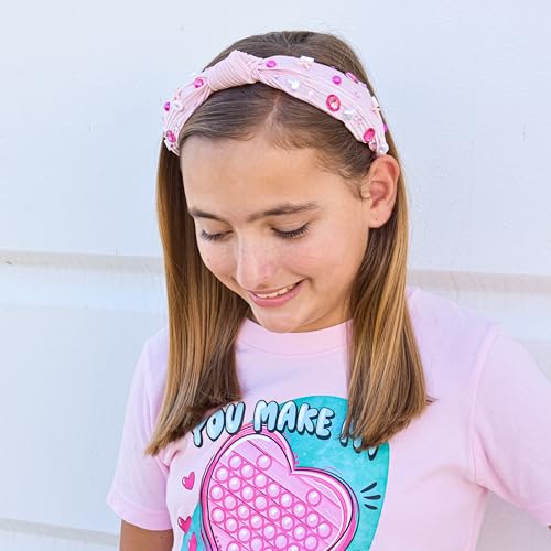 FROG SAC Top Knot Headband for Girls - Knotted Valentines Day Head Bands for Kids, Jeweled Rhinestone Vday Hair Band for Children, Pink Embellished Hair Accessories for Toddlers, Little Girl Hairband