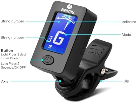 BROTOU Guitar Tuner Clip On with Guitar Capo for Guitar, Bass, Violin, Ukulele, Digital Electronic Tuner Acoustic Guitar Accessories with LCD Display (3 Guitar Picks)
