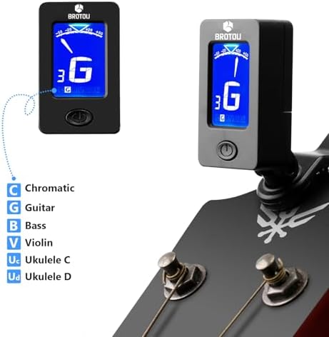 BROTOU Guitar Tuner Clip On with Guitar Capo for Guitar, Bass, Violin, Ukulele, Digital Electronic Tuner Acoustic Guitar Accessories with LCD Display (3 Guitar Picks)