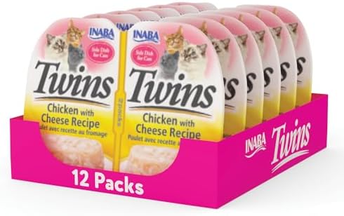 INABA Twins for Cats, Shredded Chicken & Broth Gelée Side Dish/Topper Cups with Green Tea Extract, 1.23 Ounces per Serving, 12 Servings, Chicken with Cheese Recipe