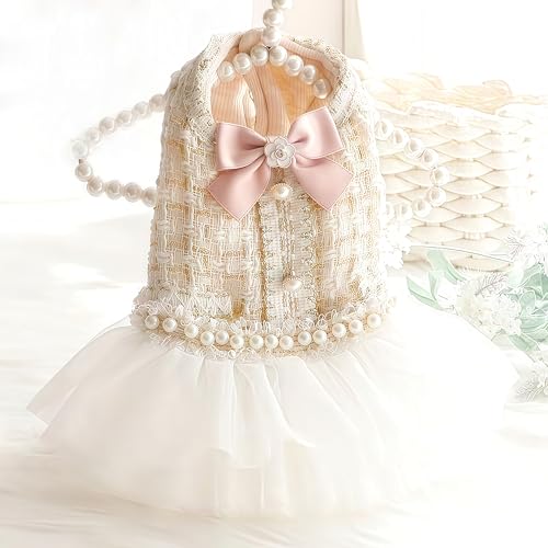 PalmPurr Luxury Pink Tweed Dog Dress & Cat Wedding Dress, Pearl Bow Princess Pet Formal Outfit with Structured Fit, Soft Lining & Tulle Skirt for Small Dogs and Cats(XS)