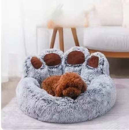 Warm Fluffy Round paw Dog cat Bed Calming, Washable Anti Slip Bottom (Pink, Large)
