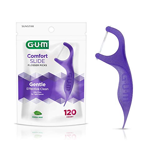 GUM Comfort Slide Floss Picks - Perfect for Tight Teeth - Extra Strong Shred-Resistant Dental Floss, Easy Grip Handle - Dental Flossers for Adults - Fresh Mint Flavor, 120ct