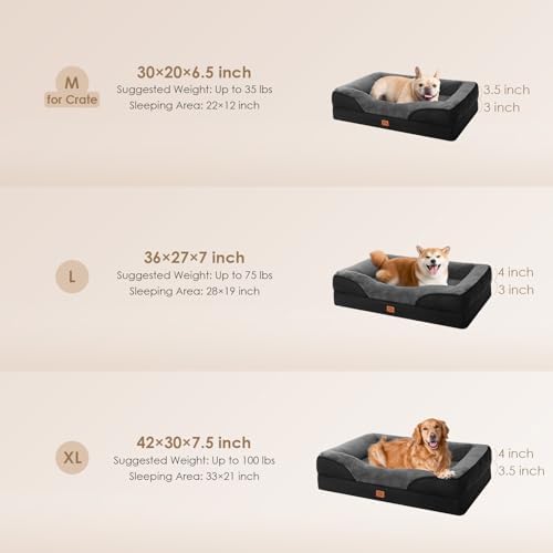 EHEYCIGA Memory Foam XL Dog Bed for XLarge Sized Dog, Extra Large Orthopedic Dog Sofa with Sides and Waterproof Liner, Washable Bolster Pet Bed Couch with Removable Cover, 42x30x7.5 Inch, Grey/Black