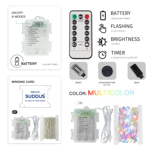 suddus 33ft 100 LED Outdoor String Lights, Multi Color Fairy Lights Battery Operated with Remote, Led Twinkle Lights for Bedroom, Backyard, Wedding, Tree, Mason Jar, Wall, Centerpiece, Christmas