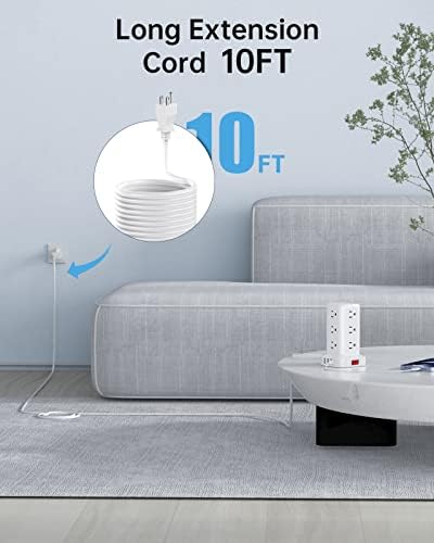 Surge Protector Power Strip 10 FT Cord, Power Strip Tower with 4 USB Ports (1USB C), Extension Cord with 12 AC Multiple Outlets, Home Office Supplies Desk Accessories, Dorm Room Essentials