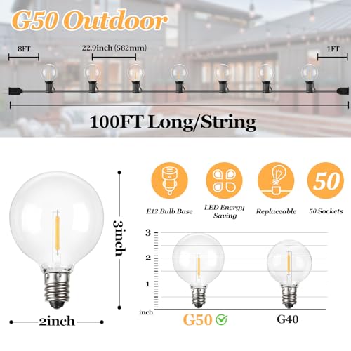100ft Outdoor G50 LED Globe String Lights Dimmable Waterproof Shatterproof Light Strings with 52 Bulbs Connectable Commercial Hanging Lights for Christmas Patio House Backyard Balcony Party