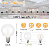 100ft Outdoor G50 LED Globe String Lights Dimmable Waterproof Shatterproof Light Strings with 52 Bulbs Connectable Commercial Hanging Lights for Christmas Patio House Backyard Balcony Party