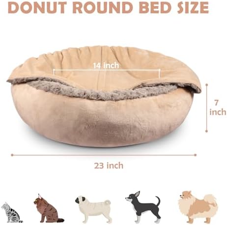 JOEJOY Small Dog Bed Cat Bed with Hooded Blanket, Cozy Cuddler Luxury Puppy Pet Bed, Donut Round Calming Anti-Anxiety Dog Burrow Cave Bed - Anti-Slip Bottom and Machine Washable 23 inch