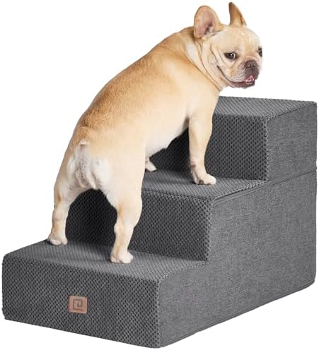 EHEYCIGA Dog Stairs for Small Dogs 16.5”H, 3-Step Extra Wide Dog Steps for Couch Sofa and Chair, Pet Steps for Small Dogs and Cats, Non-Slip Balanced Pet Ramp, Grey