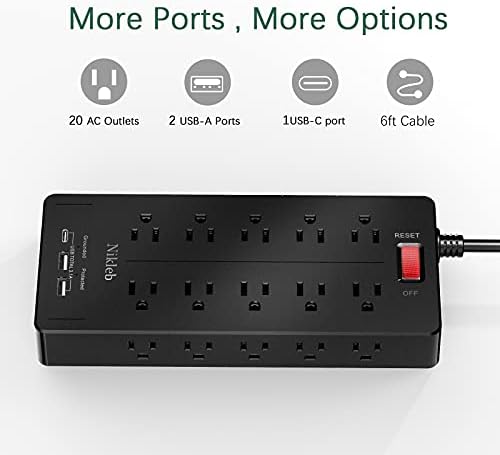 Power Strip 23 in 1, 20 Outlets Surge Protector Wall Mount with 2 USB+1 USB C Ports, Multi Plug Extension Cord 6ft Heavy Duty, Accessories for Gaming, Studio, Home, Office, Desk Organizers