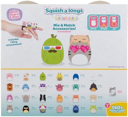 Squish-a-longs 25 Pack - Series 1 - (25) 1” Mini-Squish with 5 Accessories, Ring, and Collector’s Guide - Collect, Trade, & Play