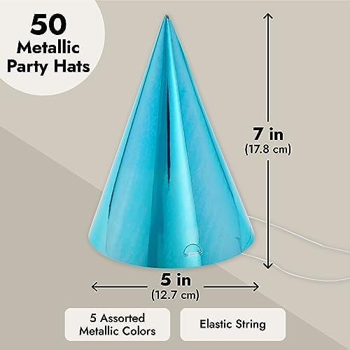 BLUE PANDA 50 Pack Birthday Party Cone Hats for Kids and Adults, Bulk Set in 5 Colors (Metallic Blue/Green/Gold/Silver/Hot Pink)