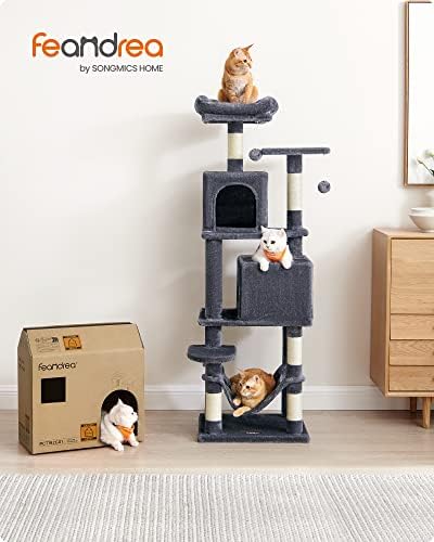 Feandrea Cat Tree, 61-Inch Cat Tower for Indoor Cats, Plush Multi-Level Cat Condo with 5 Scratching Posts, 2 Perches, 2 Caves, Hammock, 2 Pompoms, Smoky Gray UPCT192G01
