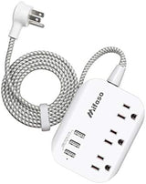 Flat Plug Power Strip with USB Ports - 10FT Extension Cord with 3 Outlets and 3 USB Charging Ports, Wall Mount, No Surge Protection for Cruise Ship Travel, Desk Accessories for Dorm Room Essentials