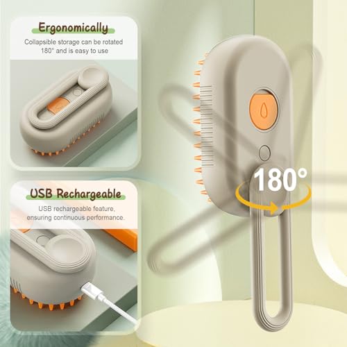2025 New Comb for Cats Dogs, 3 in 1 Steam Cat Brush Cat Steam Brush for Shedding & Grooming, Self Cleaning 3 in 1 Pet Brush Pet Grooming Brush with Spray (Khaki+White)