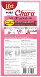 INABA Churu for Senior 10+, Creamy Lickable Cat Treats with Taurine, Vitamin E & C, 0.5 Ounces Each, 24 Tubes (4 per Pack), Tuna with Salmon Recipe