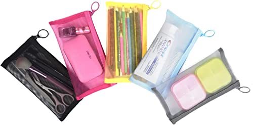 patu Zipper Mesh Bags, Pencil Case, 5 Pieces, Beauty Makeup Cosmetic Accessories Organizer, Travel Toiletry Kit Set Storage Pouch, Assorted Colors