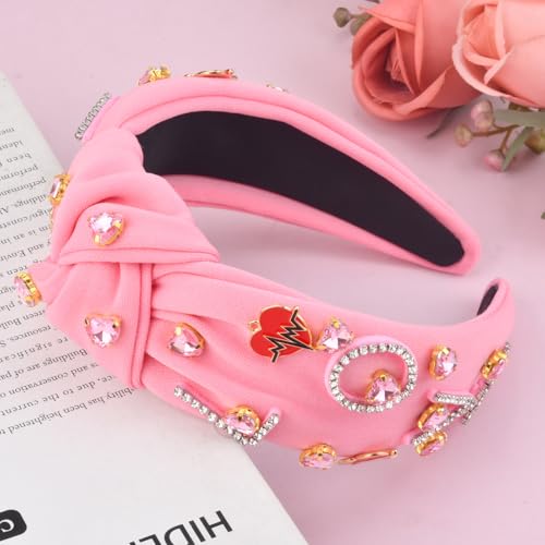 Valentine's Day Headbands for Women Love Letter Rhinestone Pink Headband Pink Jeweled Gem Crystal Knotted Headbands Valentines Hair Accessories Gifts(Letter Love Pink)