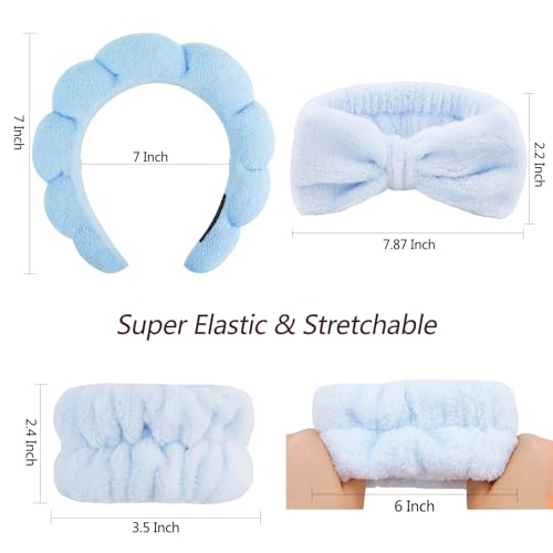 VELSCRUN 6 Pack Spa Headbands - Makeup, Face Wash, Skincare Hair Accessories With Blue Sponge Bow Tie Wristbands, Women's Gift Set