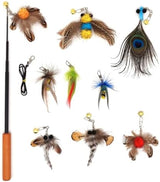 Interactive Cat Toys - 10 PCS Cat Retractable Wand Toy and Feather Toys Refills, Cat Enrichment Toys for Indoor Cats,Feather Cat Toys on a Stick,Cat Toy Small Feather Insects
