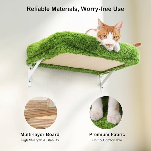 FUKUMARU Cat Wall Shelves, Stable & Safe 4 in 1 Cat Furniture Set, Wooden Climbing Wall with Scratching Post, Bridge and Bed, Stylish Jungle Gym for 16 Inch Drywall - Green