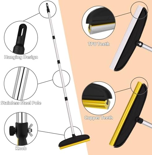 2 in 1 TPU and Copper Rake Teeth Carpet Rake for Pet Hair Removal, 60inch Adjustable Long Handle Pet Hair Remover, Reusable Cat Dog Hair Rake Broom, Lint Remover Scraper for Carpet,Rugs,Bed,Couch