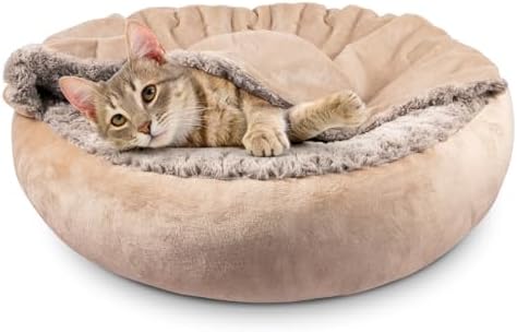 JOEJOY Small Dog Bed Cat Bed with Hooded Blanket, Cozy Cuddler Luxury Puppy Pet Bed, Donut Round Calming Anti-Anxiety Dog Burrow Cave Bed - Anti-Slip Bottom and Machine Washable 23 inch