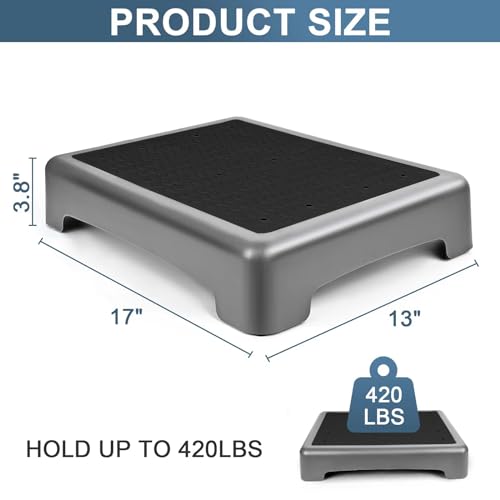 One Step Stool, Arjiekwei Heavy Duty Outdoor/Indoor Non-Slip Plastic Platform for Adults Elderly, Portable Low Safety Steps Stool for Medical, High Bed, Car, Cato Board, Stair, Bathroom(Gray-Black)