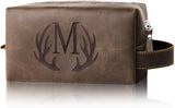 Mens Toiletry Bag Personalized Valentines Day Birthday Gifts for Men Him Initial PU Leather Waterproof Shaving Bag for Toiletries Accessories Travel Essential for Dad Husband Boyfriend (M)