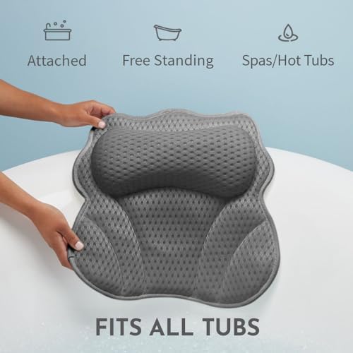 WONDERfoam Thick Padded Ergonomic Bath Pillow for Tub, Bathtub Headrest Neck and Back Support, Strong Suction, Machine Wash, Breathable Mesh Quick Dry Pillows, Luxury Bathtub and Spa Accessories, Gray