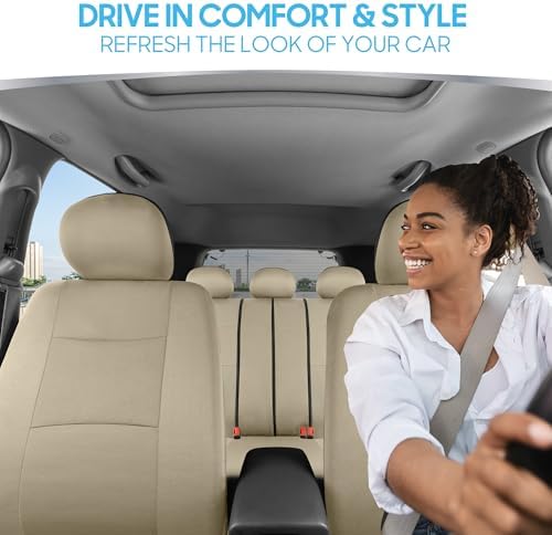 BDK PolyPro Car Seat Covers Full Set in Solid Beige, Front and Rear Split Bench Seat Covers for Cars, Easy to Install Car Seat Cover Set, Car Accessories for Auto Trucks Van SUV - Solid Beige