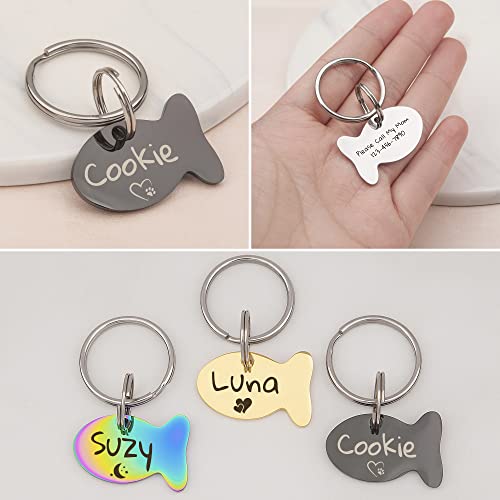 Anavia Cat Head & Fish Shape Pet ID Tags, Personalized Funny Icon Design Cat Name Tag, Customized Gold Plated Glossy Stainless Steel Black Rainbow Cat Dog Collar Tag (Small, Fish Shape, Gold)