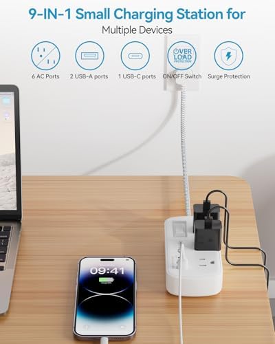 Short Extension Cord 3ft - Small Power Strip Flat Plug Surge Protetor with 6 Outlets 3 USB (3.4A/17W) Charging Ports, Multi Plug Wall Outlet Splitter for Home Bedroom Hotel Office Desktop Accessories