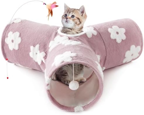 Tempcore Flannel Pet Cat Tunnel Tube Cat Toys 3 Way Collapsible, Cat Tunnels for Indoor Cats，Kitty Tunnel Bored Cat Pet Toys Peek Hole Toy Ball Cat, Puppy, Kitty, Kitten, Rabbit Daisy Burlwood