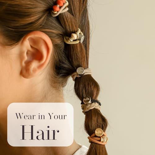 Hair Ties No Damage - Galentines Gifts and Updo Hair Accessories - Decorative Ponytail Elastics - Vanity Stretch Bracelet Jewelry for Women - Boutique Fashion Stacks in Beads (BARE) Set of 5