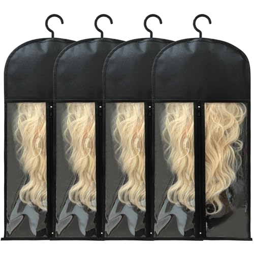 Jonley 4Pcs Wig Storage Wig Bags Storage with Hanger, Wig Storage Bag with Hair Extensions Wigs and Accessories, Breathable and Easy to Carry Home Hair Salon Travel Available (Black 23.5in)