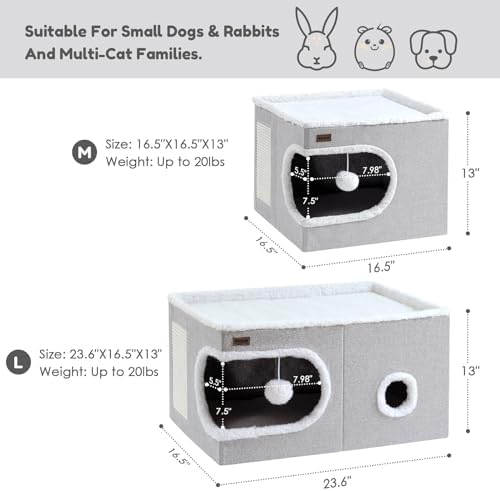 Cat Bed for Indoor Cats Cube House, Covered Cat Cave Beds & Furniture with Scratch Pad and Hideaway Tent, Cute Modern Cat Condo for Multi Small Pet Large Kitten Kitty, Khaki
