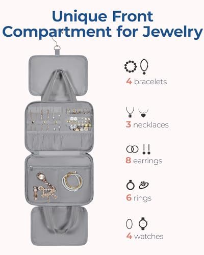 BAGSMART Travel Toiletry Bag with Jewelry Organizer, Hanging Travel Bag for Toiletries, Puffy Makeup Cosmetic Bag Organizer, Carry-on Travel Accessories Essentials, Grey-M