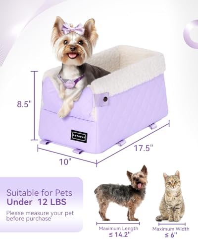 PETSFIT Cat Car Seat with Safe Protection Hooks, Center Console Dog Car Seat with Upgraded Safety Tethers, Washable Cushion, Dog Car Seats for Small Dogs Up to 9 Lbs (Purple)