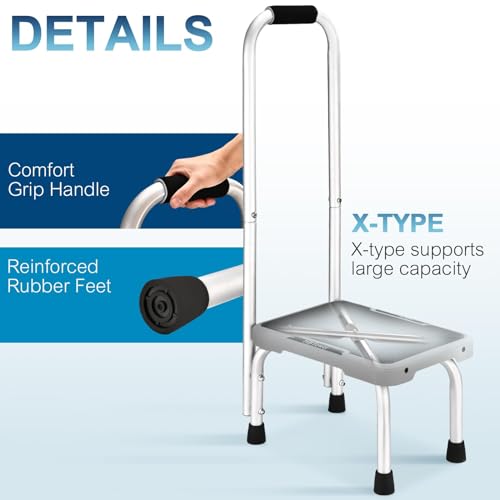 HBTower Aluminum Step Stool with Handle for Elderly, Lightweight Step Stools for Adults Seniors with Non-Slip Rubber Feet, Stepping Stools for Bedroom Kitchen Bathroom, Bed Steps for High Beds