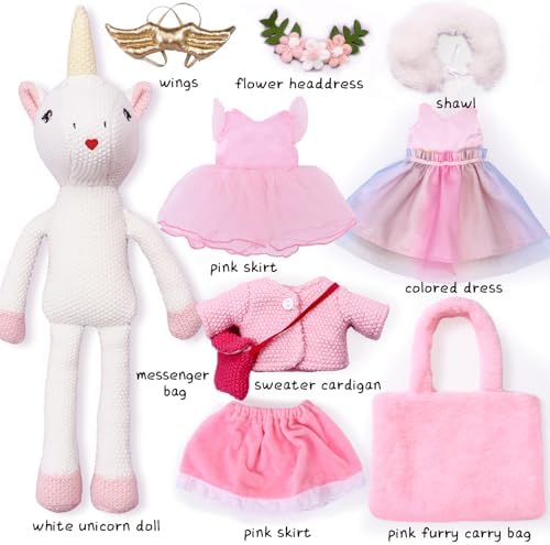 Unicorn Doll Stuffed Animal Toys for Girls - Ballerina Doll | Plush Carrier Bag | 3 Set Cloth Accessories, Kids Pretend Play Doll Pet Care, Birthday Gift for 3 4 5 6 Year Old Little Girl Unicorn Toys