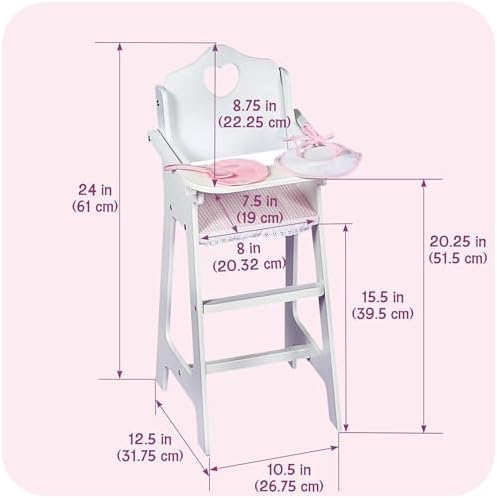 Badger Basket Wooden Doll High Chair with Feeding Tray, Bib, Personalization Kit, and Accessories - Fits 18-Inch Dolls, White with Pink Gingham Seat for Pretend Play