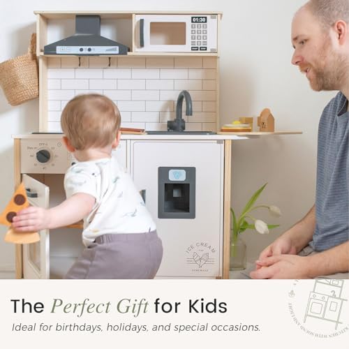Tiny Land Play Kitchen for Kids, Wooden Kids Play Kitchen Playset Chef Pretend Play Set for Toddlers with Real Lights & Sounds, Toys Kitchen with 18 Pcs Toy Food & Cookware Accessories
