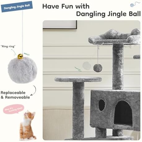 DUMOS 54-inch Indoor Cat Tree Tower –Multi-Level Pet House for Large Cats with 2 Condos, Scratching Posts, Round Platform, Small Ladder, and Toys, Light Grey