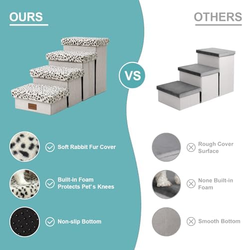 Dog Stair for Small Dogs with Storage, Foldable Pet Stairs for Medium or Puppy Dogs and Older Cats, Dog Steps for Bed or Couch with Soft Cover, 33x13x17.7 inch, 4 Tiers, Leopard
