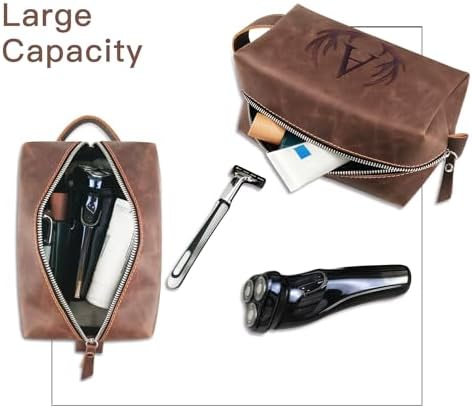 Mens Toiletry Bag Personalized Valentines Day Birthday Gifts for Men Him Initial PU Leather Waterproof Shaving Bag for Toiletries Accessories Travel Essential for Dad Husband Boyfriend (M)