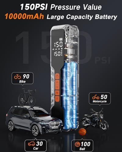 Tire Inflator Portable Air Compressor - 4X Air Pump for Car Tires, 150PSI&10000mAh Portable Tire Inflator for Car, 12DC Air Pump with Pressure Gauge/LED Light, Bike/Motorcycle/Ball/Car Accessories